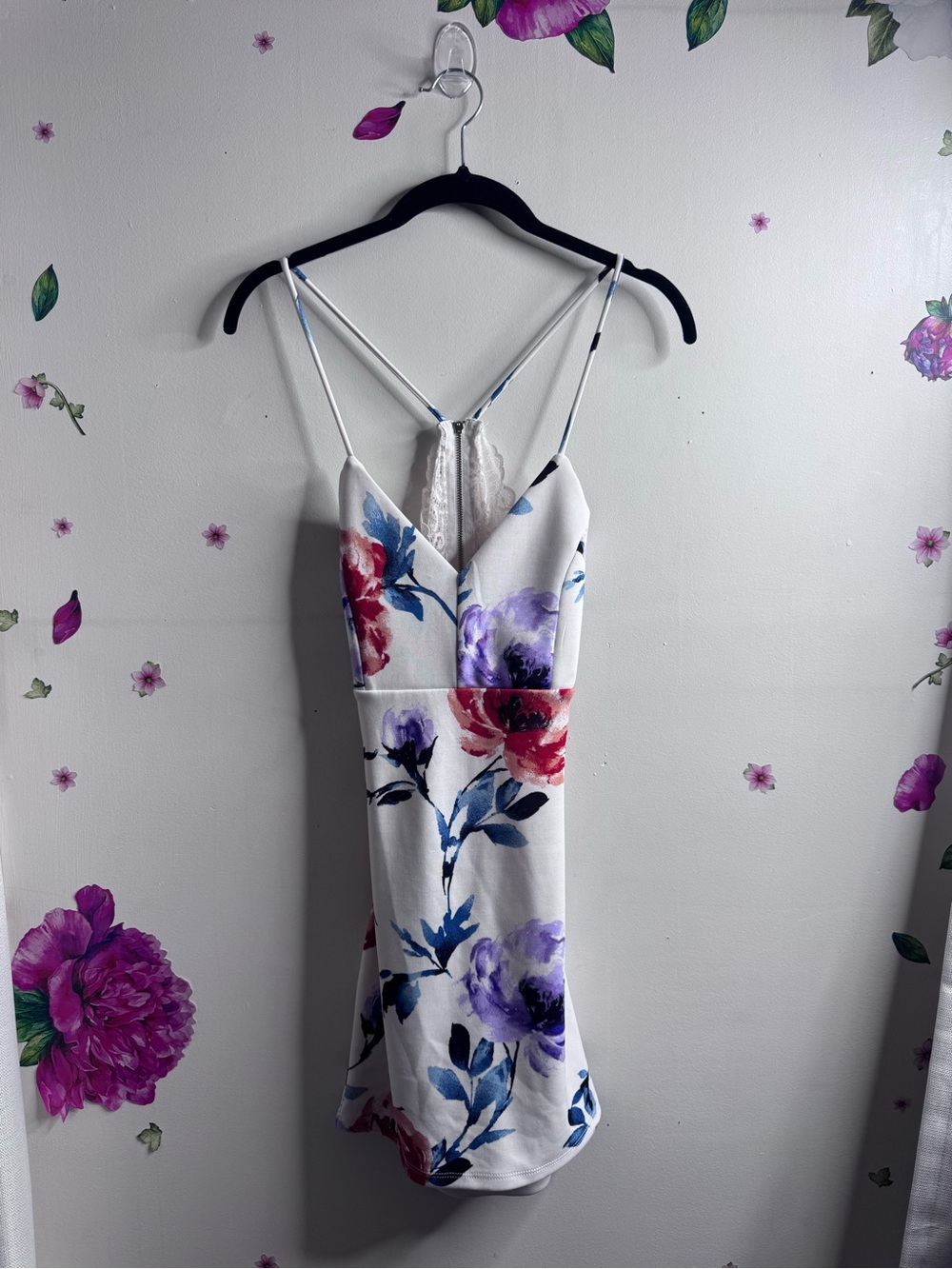 White Floral Spaghetti Strap Dress with Red & Purple Blooms